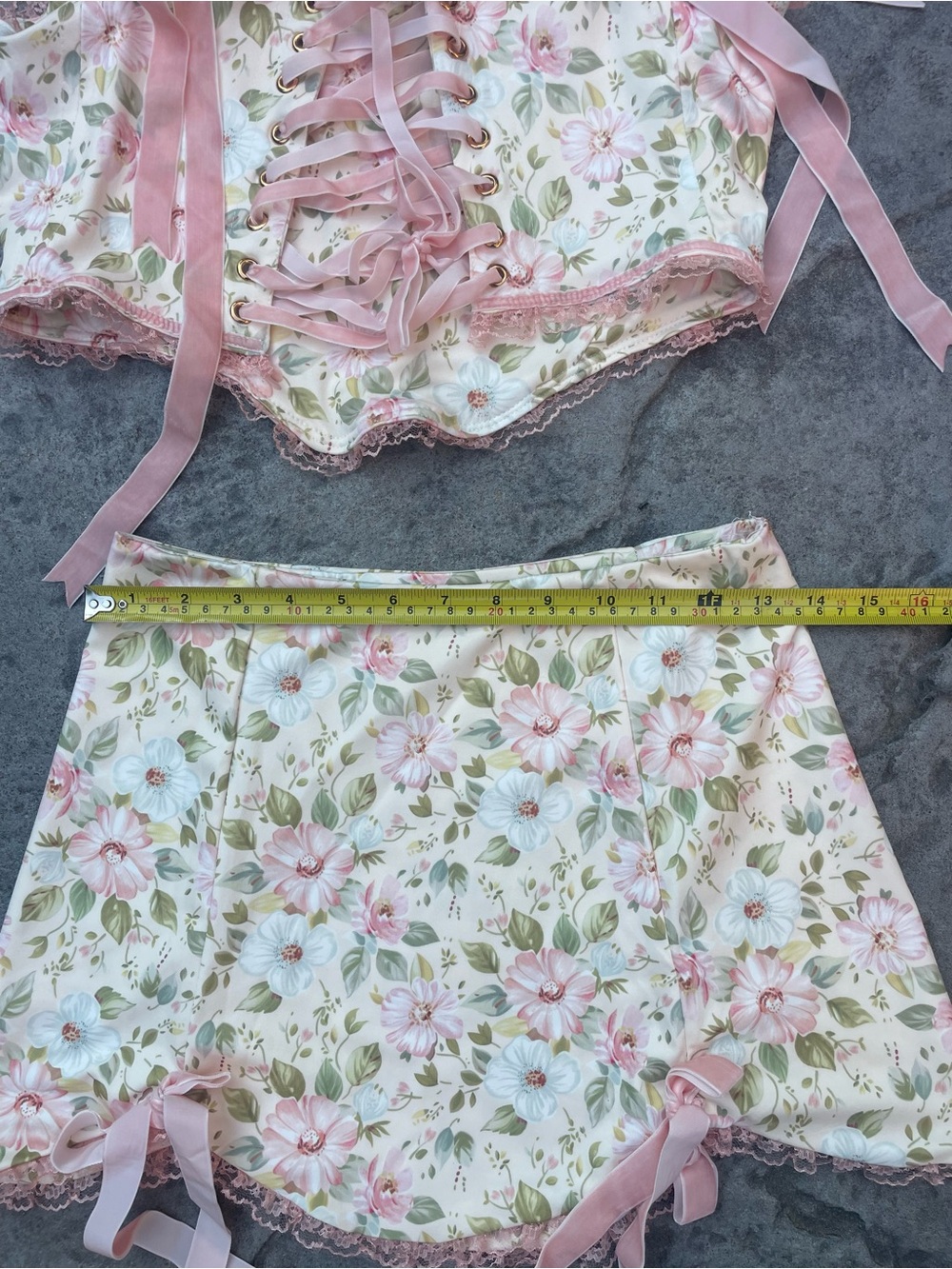 Floral Cottagecore Corset Top Mini Skirt 2 piece Set Pink Lace Co-Ord XS–S - Picture 6 of 7